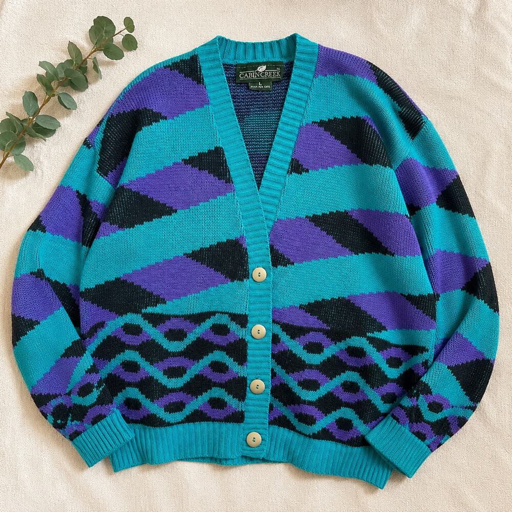 Vintage Cabin Creek Abstract Knit Cardigan Sweater Large Teal Purple Retro